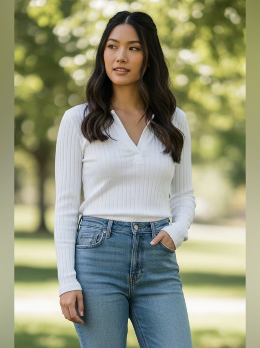 NWT Banana Republic Wide Rib Long Sleeve Top White Split V-Neck Size L